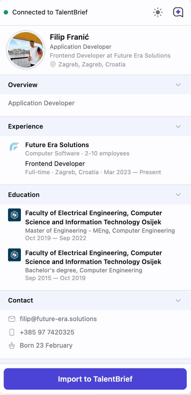 TalentBrief LinkedIn Chrome Extension showing profile import sidebar